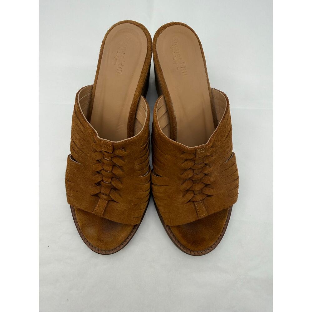 Garnet Hill Brown Suede‎ Leather Slide Sandals Chunky Heel Size 37 Boho Resort